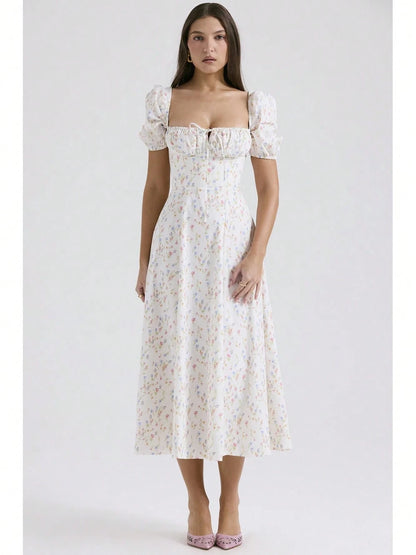 Corset Bustier Midi Dress Set, Spaghetti Strap & Puff Sleeve White Floral Sundress, A-Line Casual & Formal Gown