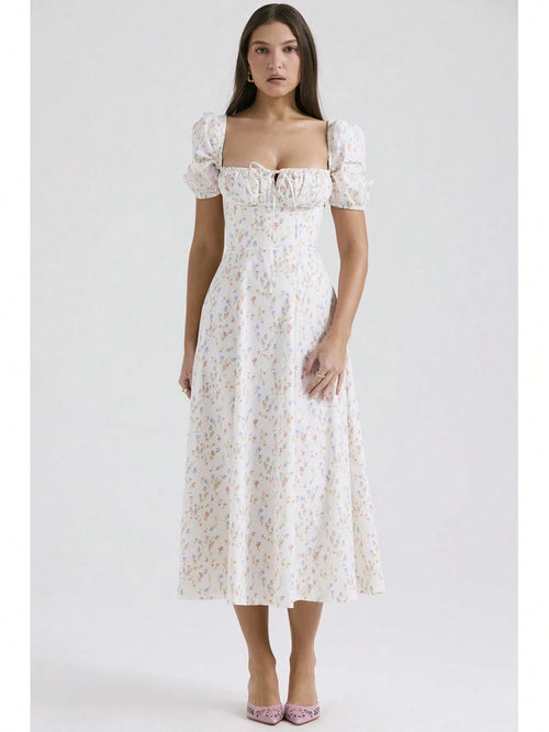 Corset Bustier Midi Dress Set, Spaghetti Strap & Puff Sleeve White Floral Sundress, A-Line Casual & Formal Gown