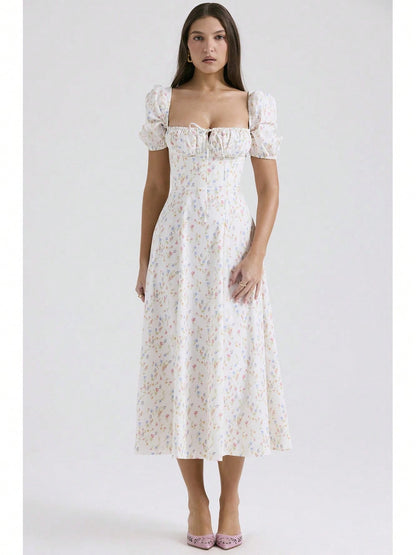 Corset Bustier Midi Dress Set, Spaghetti Strap & Puff Sleeve White Floral Sundress, A-Line Casual & Formal Gown