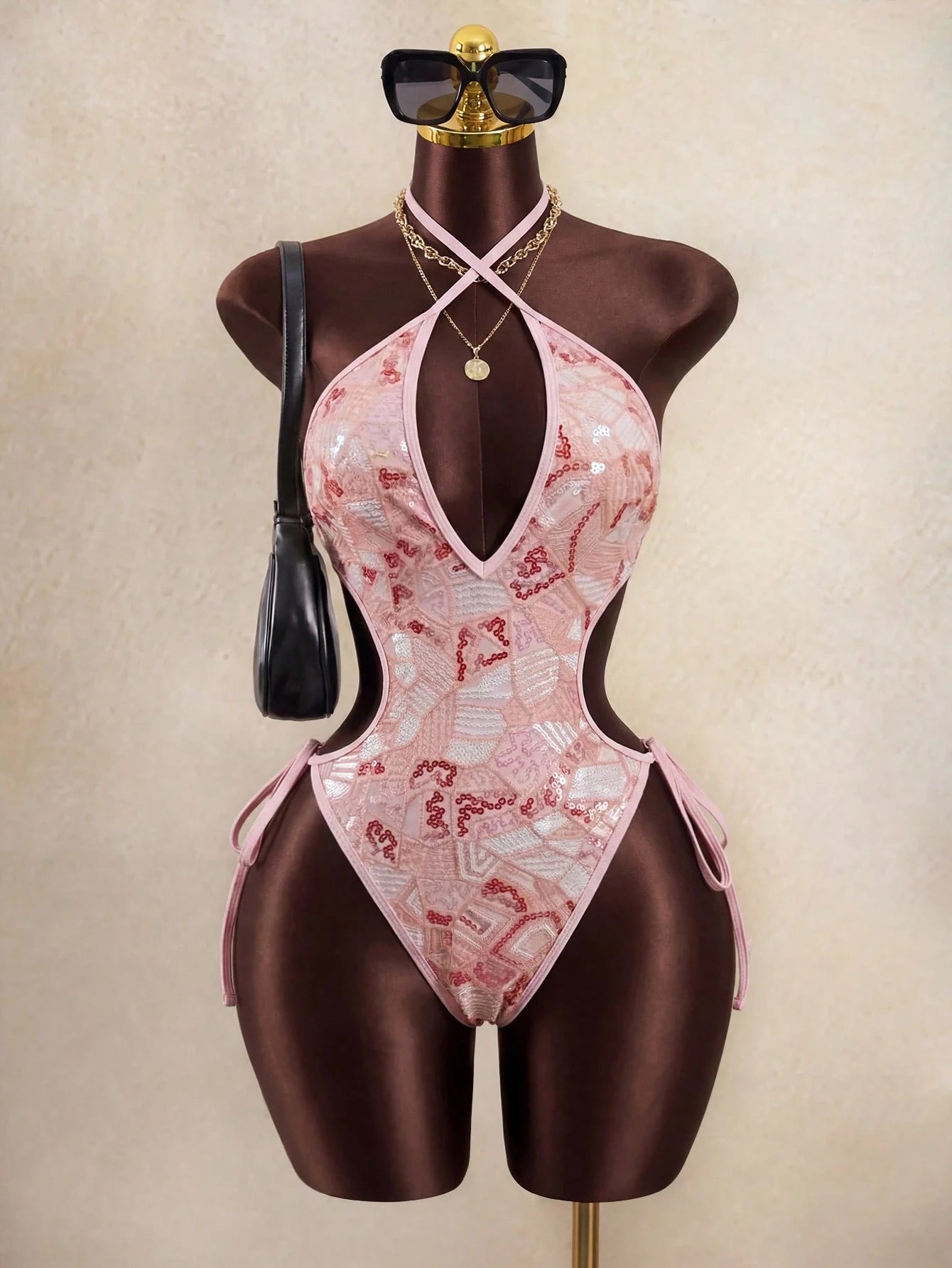 Costavie One-Piece Spring/Summer Vacation Sequin Textured Fabric Halter Sexy Bikini Women's Swimsuit