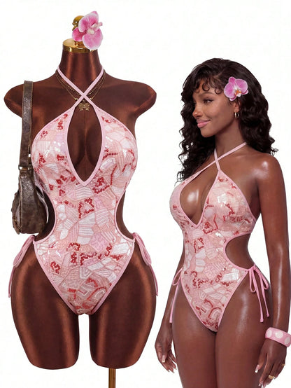 Costavie One-Piece Spring/Summer Vacation Sequin Textured Fabric Halter Sexy Bikini Women's Swimsuit