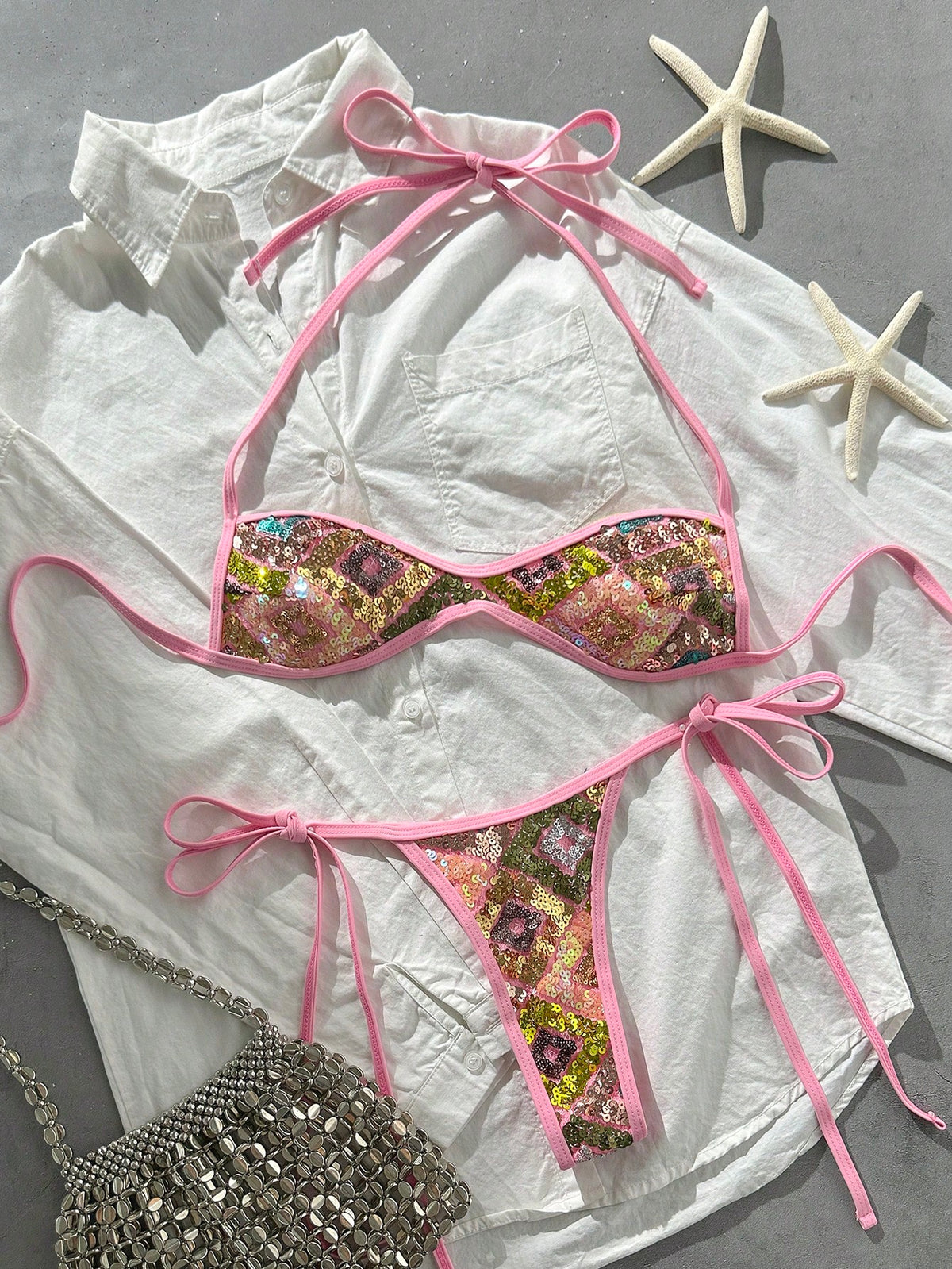 Costavie Swim SXY 2-Piece Bikini Set, Spring/Summer Beach Vacation, Sequin Textured Fabric, Halter Bandeau Top And Side-Tie Thong Bottom, Sexy Bikini Set