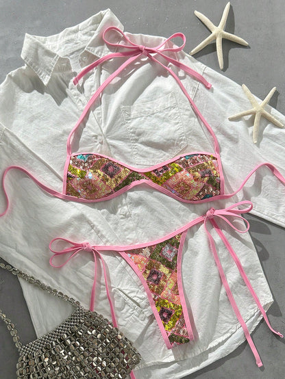 Costavie Swim SXY 2-Piece Bikini Set, Spring/Summer Beach Vacation, Sequin Textured Fabric, Halter Bandeau Top And Side-Tie Thong Bottom, Sexy Bikini Set