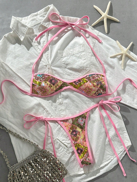 Costavie Swim SXY 2-Piece Bikini Set, Spring/Summer Beach Vacation, Sequin Textured Fabric, Halter Bandeau Top And Side-Tie Thong Bottom, Sexy Bikini Set