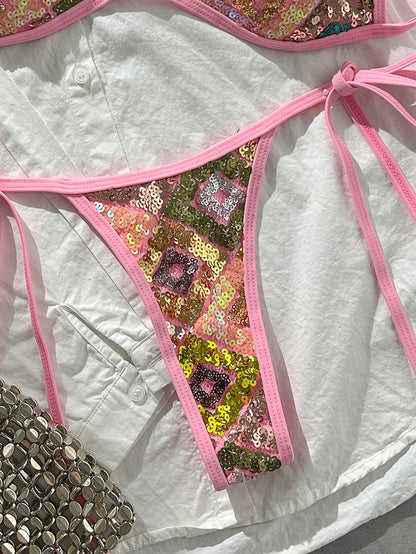Costavie Swim SXY 2-Piece Bikini Set, Spring/Summer Beach Vacation, Sequin Textured Fabric, Halter Bandeau Top And Side-Tie Thong Bottom, Sexy Bikini Set