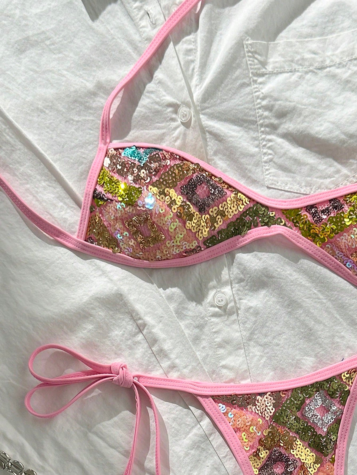 Costavie Swim SXY 2-Piece Bikini Set, Spring/Summer Beach Vacation, Sequin Textured Fabric, Halter Bandeau Top And Side-Tie Thong Bottom, Sexy Bikini Set