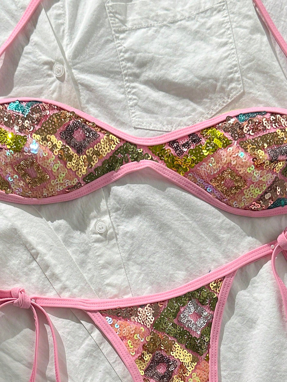 Costavie Swim SXY 2-Piece Bikini Set, Spring/Summer Beach Vacation, Sequin Textured Fabric, Halter Bandeau Top And Side-Tie Thong Bottom, Sexy Bikini Set