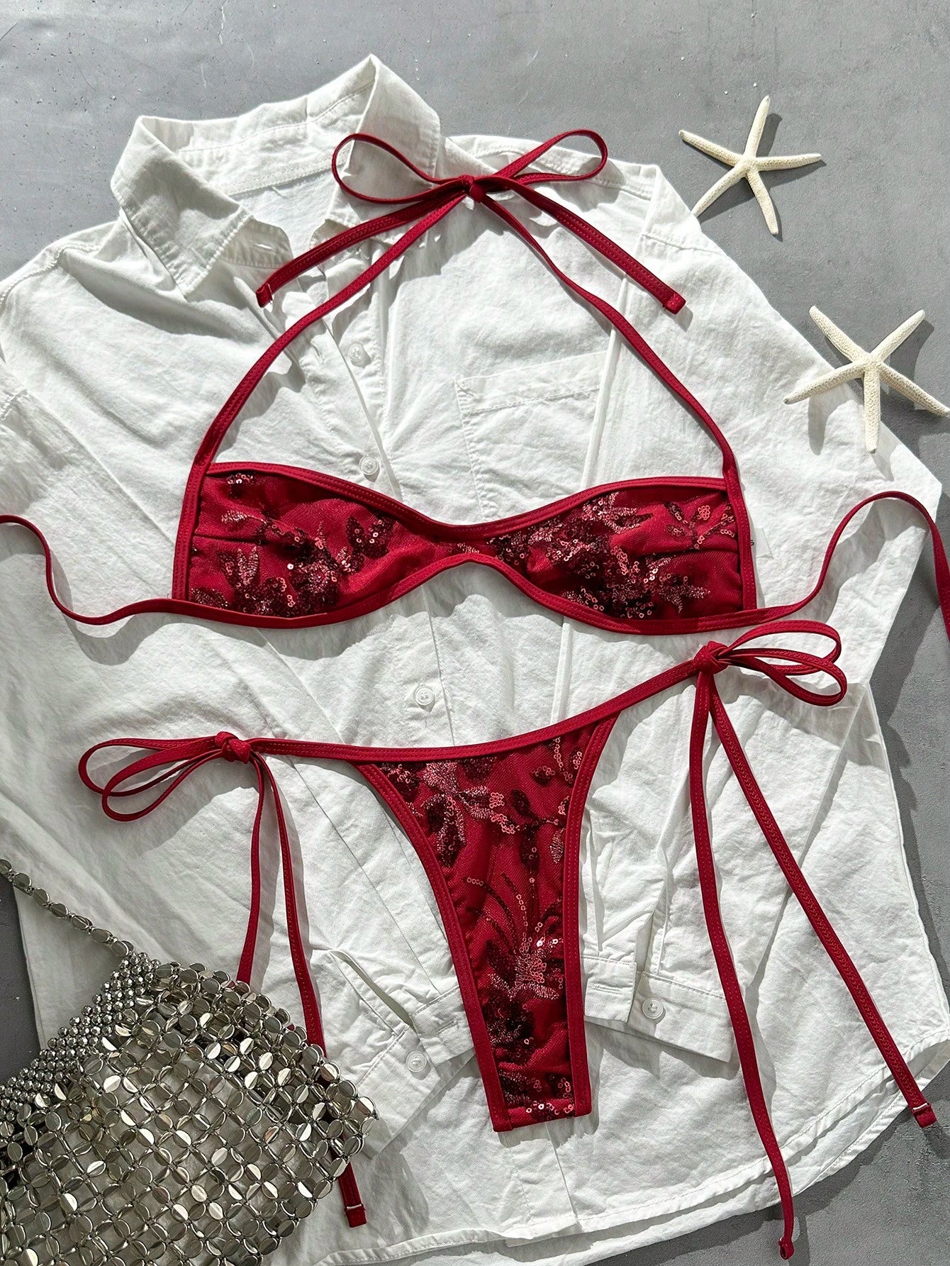 Costavie Swim SXY 2pcs Floral Sequin Textured Halter Bandeau Top And Tie Side Thong Bikini Set, Sexy Swimwear For Spring/Summer Beach Vacation