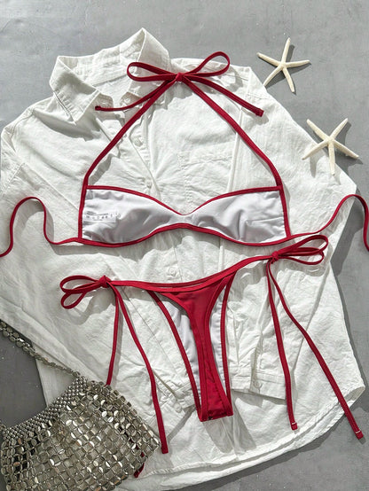 Costavie Swim SXY 2pcs Floral Sequin Textured Halter Bandeau Top And Tie Side Thong Bikini Set, Sexy Swimwear For Spring/Summer Beach Vacation