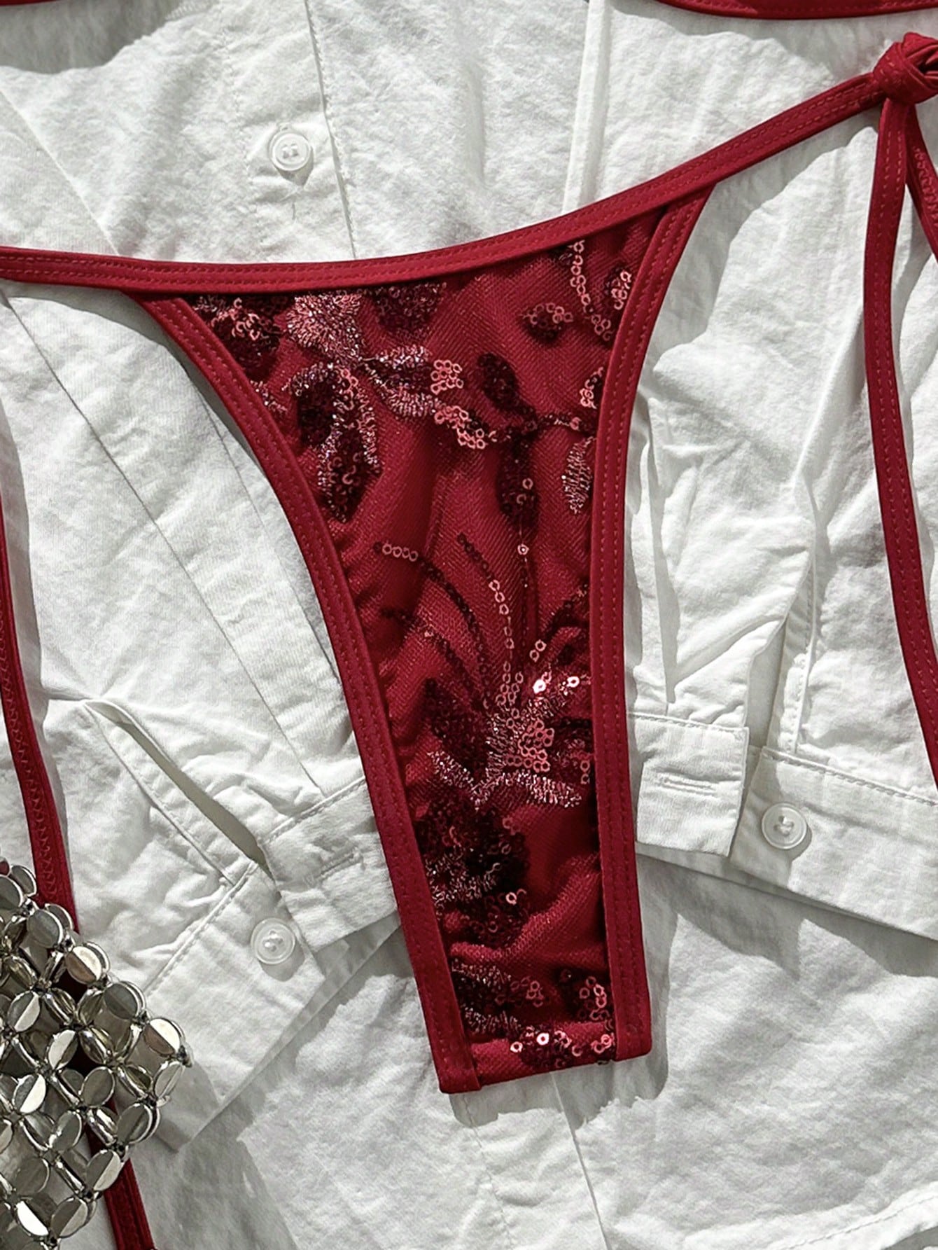 Costavie Swim SXY 2pcs Floral Sequin Textured Halter Bandeau Top And Tie Side Thong Bikini Set, Sexy Swimwear For Spring/Summer Beach Vacation