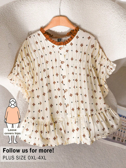 CosyJoli Beige Plus Size Women's Printed Blouse,Ruffle Trim Casual Loose Summer Boho Vacation Holiday Clothing,Smock Hem Dress Leisure Shirt Kawaii Tops
