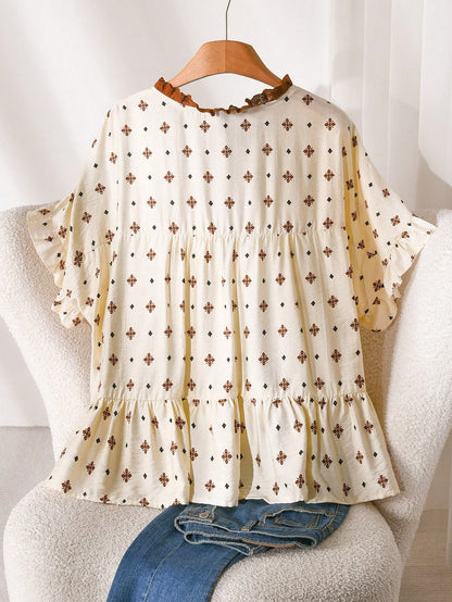 CosyJoli Beige Plus Size Women's Printed Blouse,Ruffle Trim Casual Loose Summer Boho Vacation Holiday Clothing,Smock Hem Dress Leisure Shirt Kawaii Tops