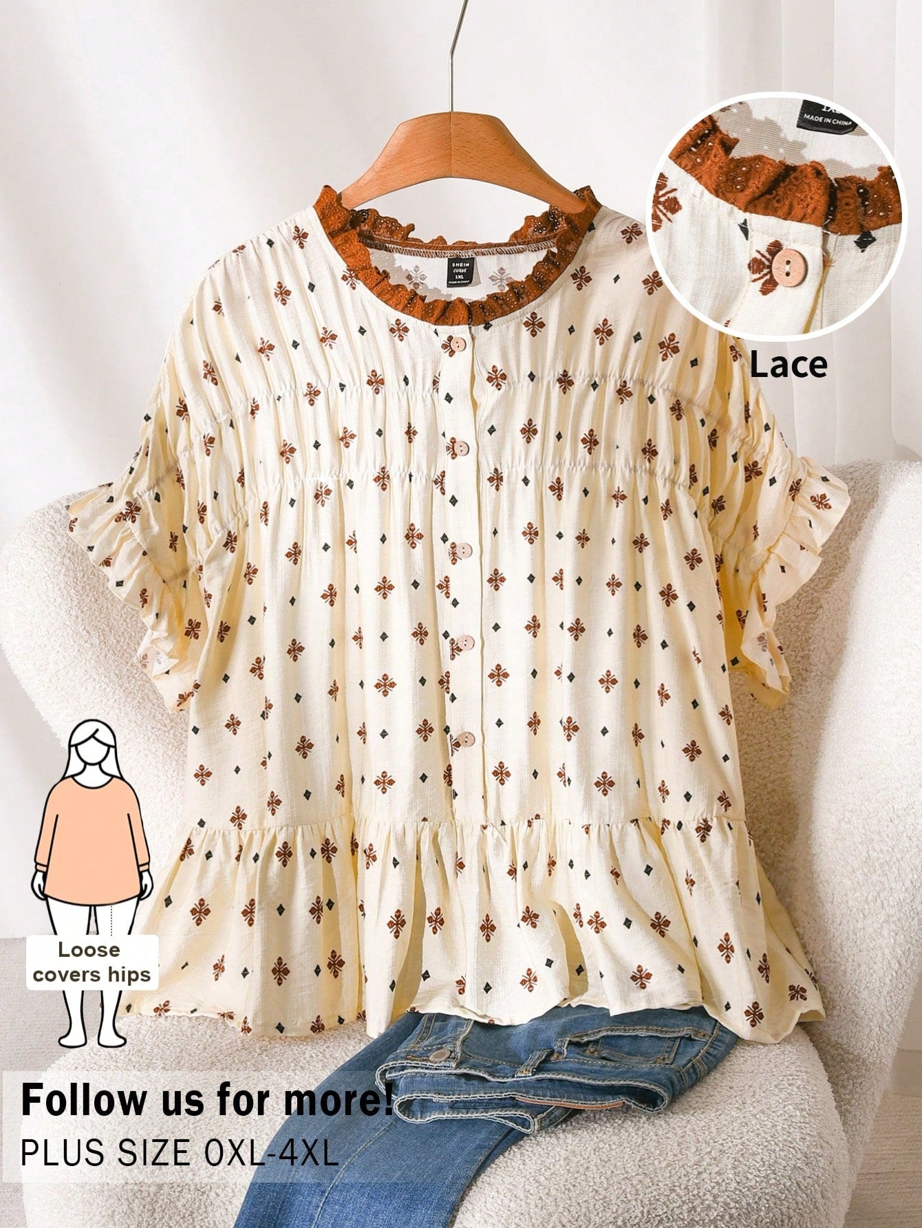 CosyJoli Beige Plus Size Women's Printed Blouse,Ruffle Trim Casual Loose Summer Boho Vacation Holiday Clothing,Smock Hem Dress Leisure Shirt Kawaii Tops