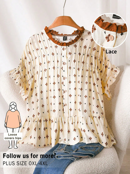 CosyJoli Beige Plus Size Women's Printed Blouse,Ruffle Trim Casual Loose Summer Boho Vacation Holiday Clothing,Smock Hem Dress Leisure Shirt Kawaii Tops
