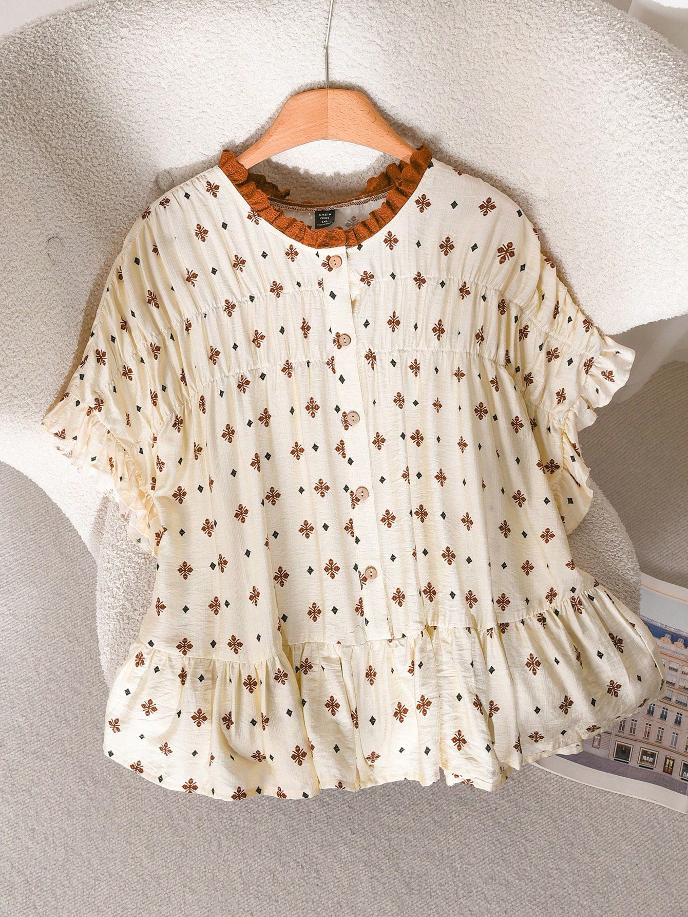CosyJoli Beige Plus Size Women's Printed Blouse,Ruffle Trim Casual Loose Summer Boho Vacation Holiday Clothing,Smock Hem Dress Leisure Shirt Kawaii Tops