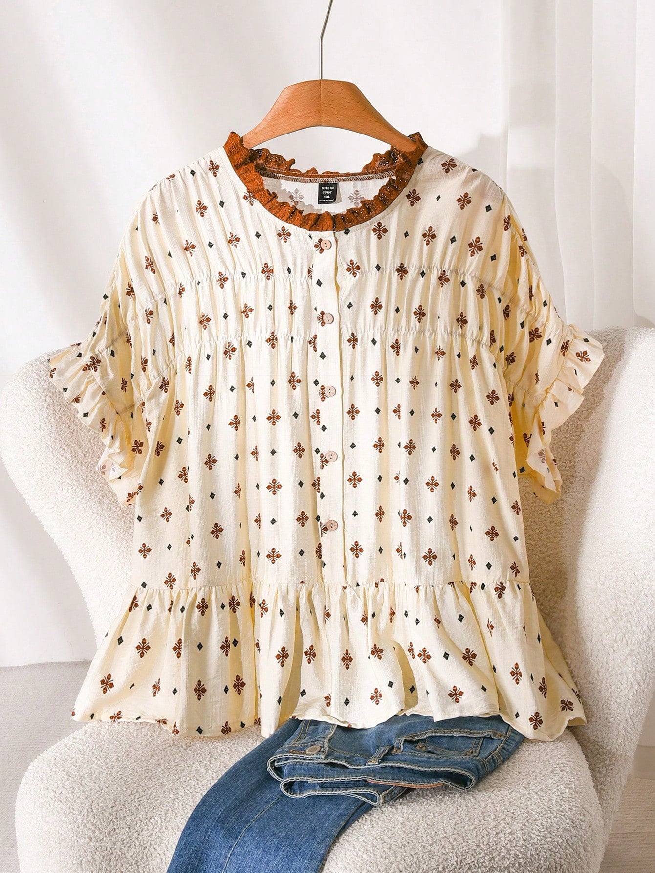 CosyJoli Beige Plus Size Women's Printed Blouse,Ruffle Trim Casual Loose Summer Boho Vacation Holiday Clothing,Smock Hem Dress Leisure Shirt Kawaii Tops