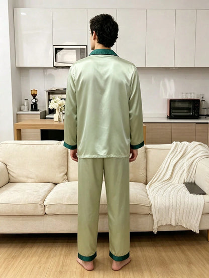 CoupledUp Elegant Light Green & Dark Green Contrast Trim Faux Silk Long Sleeve Pajamas