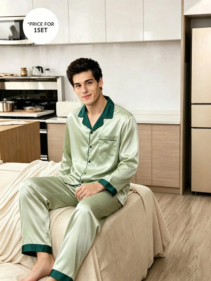CoupledUp Elegant Light Green & Dark Green Contrast Trim Faux Silk Long Sleeve Pajamas
