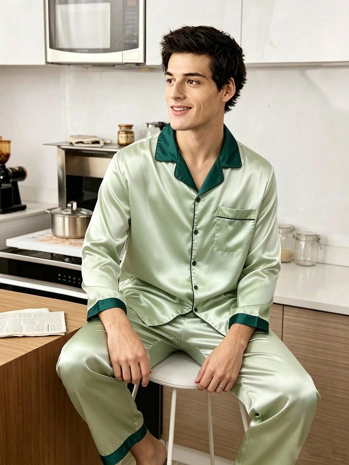 CoupledUp Elegant Light Green & Dark Green Contrast Trim Faux Silk Long Sleeve Pajamas