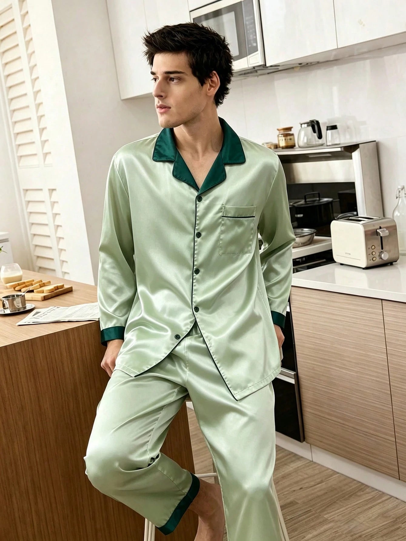CoupledUp Elegant Light Green & Dark Green Contrast Trim Faux Silk Long Sleeve Pajamas