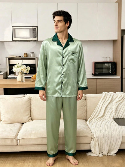 CoupledUp Elegant Light Green & Dark Green Contrast Trim Faux Silk Long Sleeve Pajamas