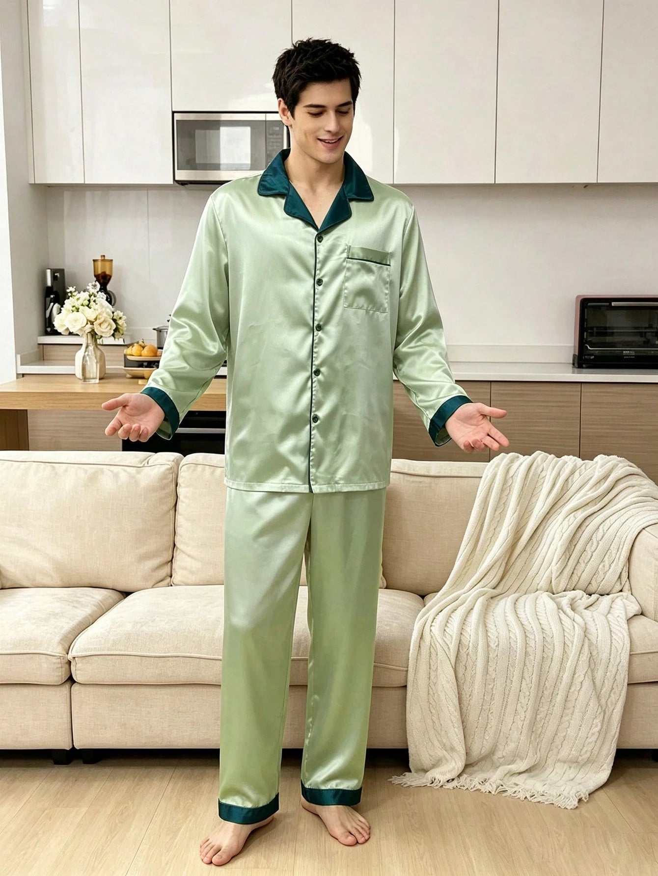 CoupledUp Elegant Light Green & Dark Green Contrast Trim Faux Silk Long Sleeve Pajamas