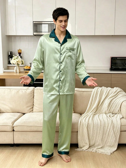 CoupledUp Elegant Light Green & Dark Green Contrast Trim Faux Silk Long Sleeve Pajamas