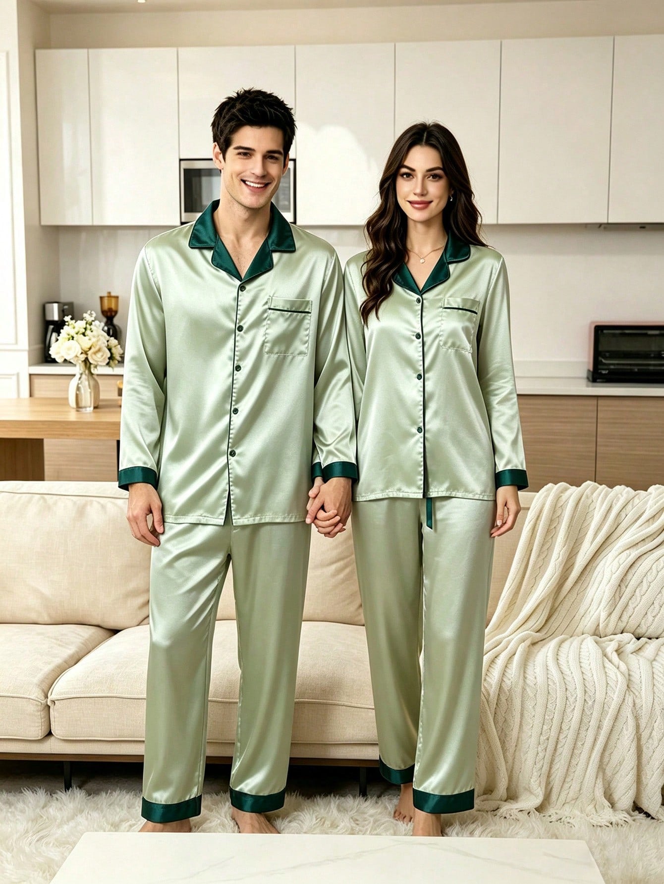 CoupledUp Elegant Light Green & Dark Green Contrast Trim Faux Silk Long Sleeve Pajamas