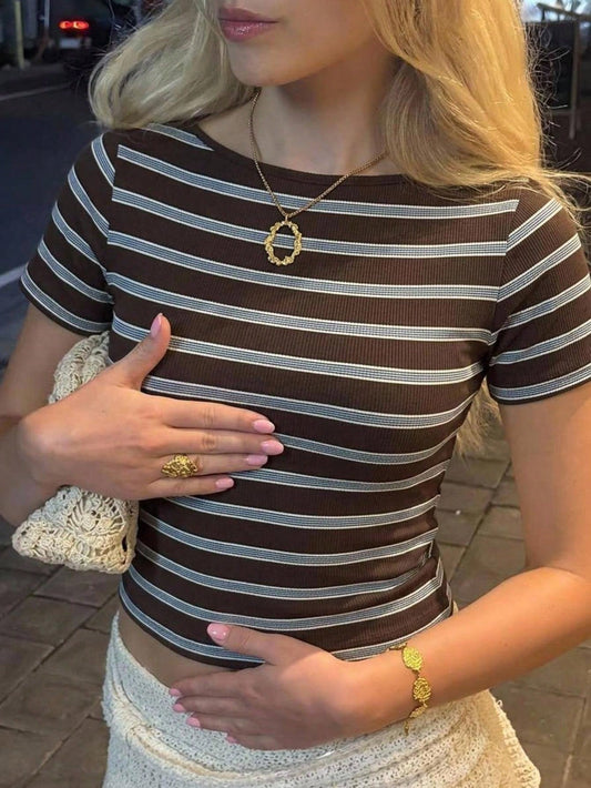 CovetEZ Women's Brown Stripe Stripe Colorblock Slim Fit Versatile Casual French French Daily T-Shirt Home Summer Daytime Daytime Brunch Brunch