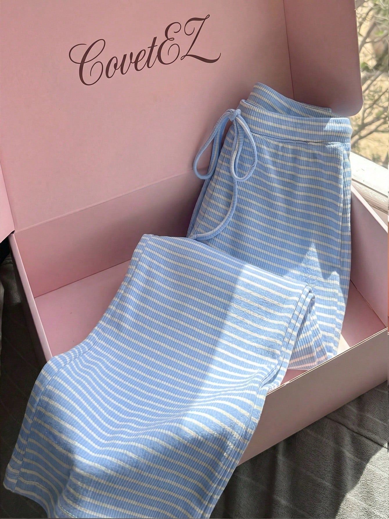 CovetEZ Women's Casual Blue Pants, 2 Pieces Set, Striped Loungewear, Clothing, Summer