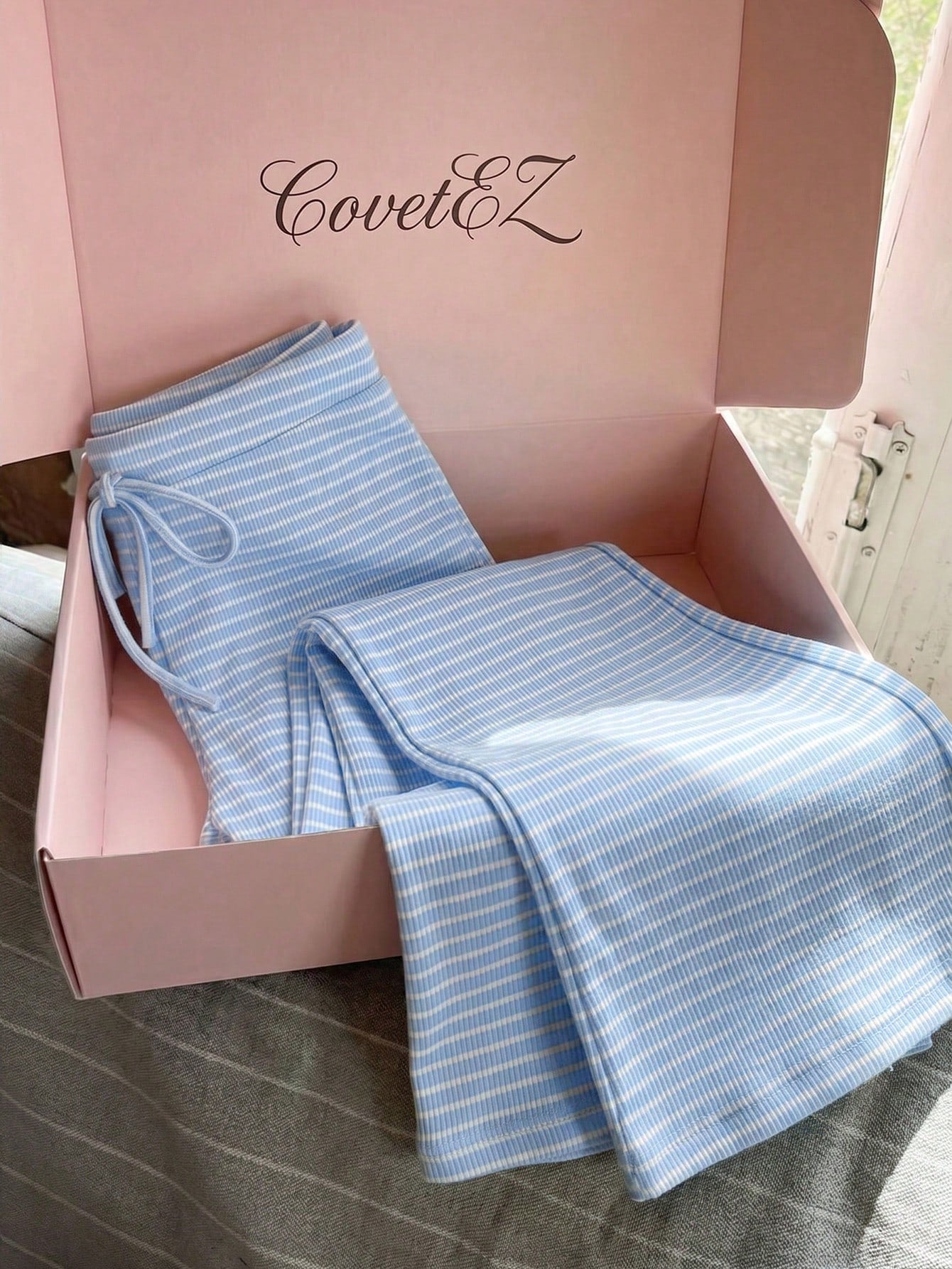 CovetEZ Women's Casual Blue Pants, 2 Pieces Set, Striped Loungewear, Clothing, Summer