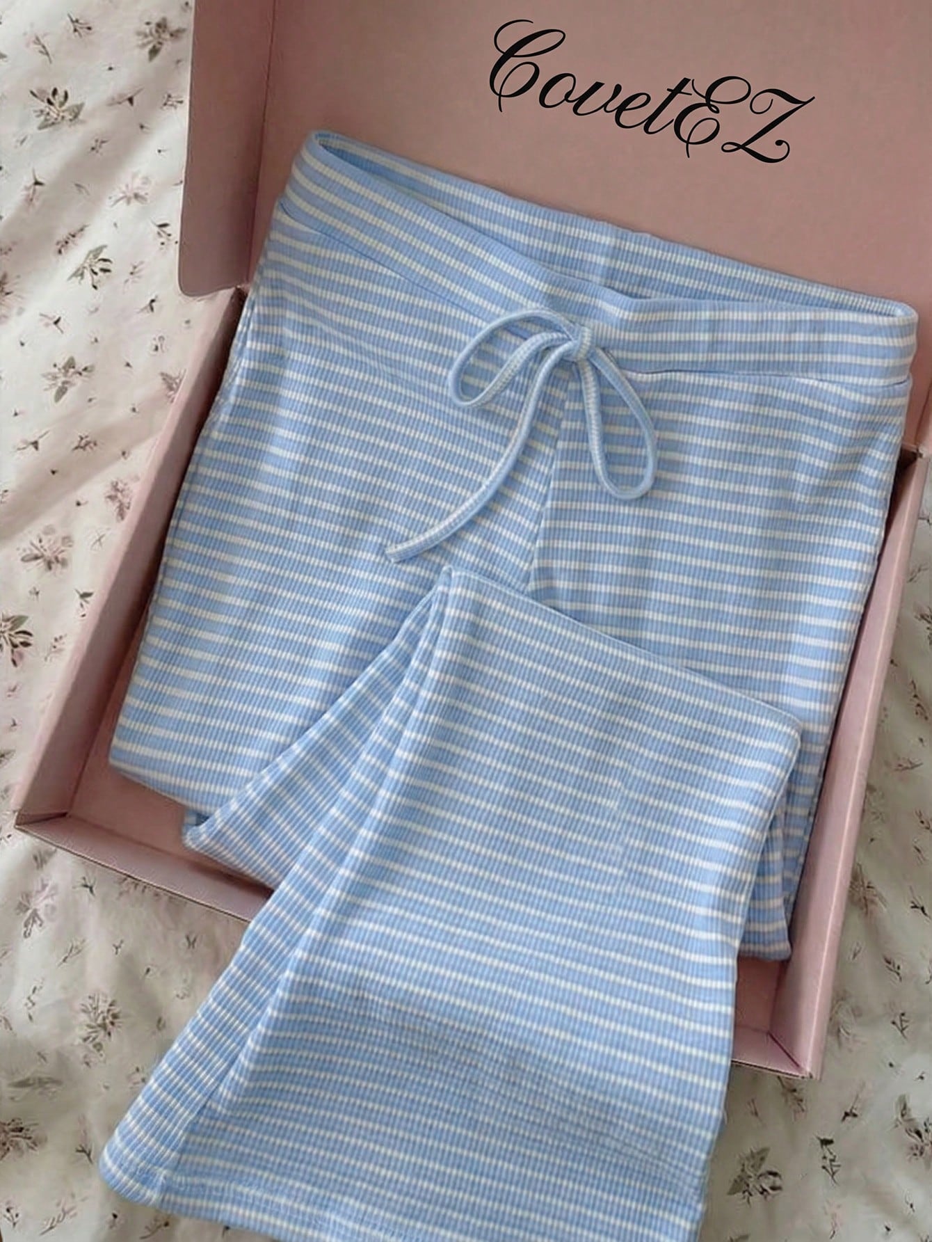 CovetEZ Women's Casual Blue Pants, 2 Pieces Set, Striped Loungewear, Clothing, Summer