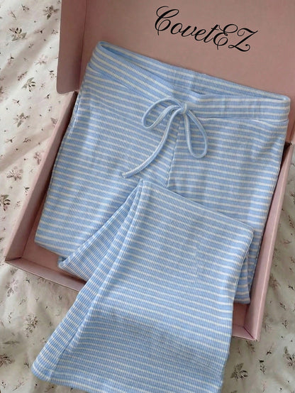 CovetEZ Women's Casual Blue Pants, 2 Pieces Set, Striped Loungewear, Clothing, Summer