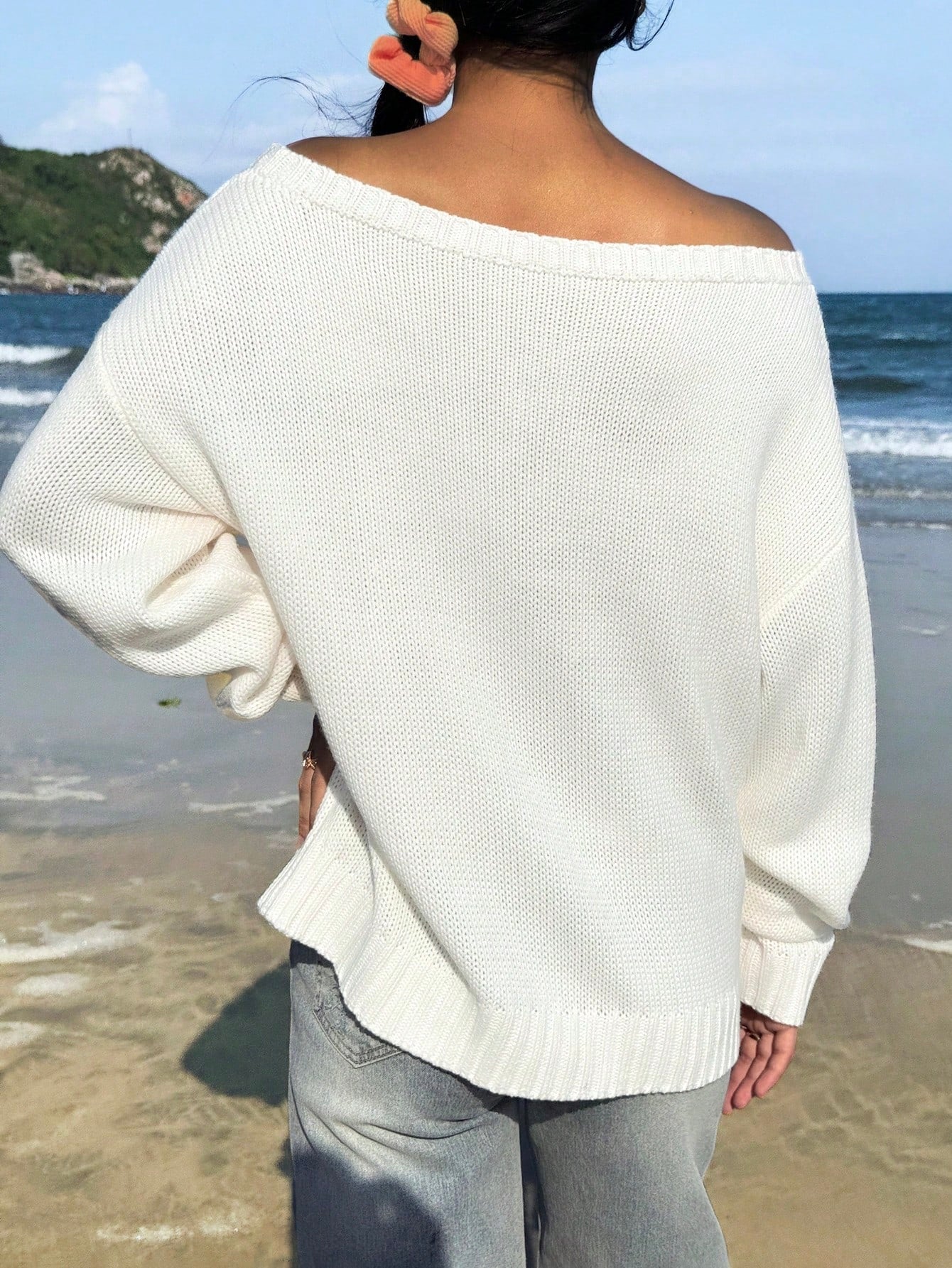 CovetEZ Women's Clothing Autumn And Winter One Shoulder Off-Shoulder Casual Streetwear Simple White Sweater American Independence Day Flag Pattern Knitted