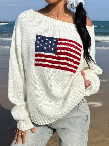CovetEZ Women's Clothing Autumn And Winter One Shoulder Off-Shoulder Casual Streetwear Simple White Sweater American Independence Day Flag Pattern Knitted