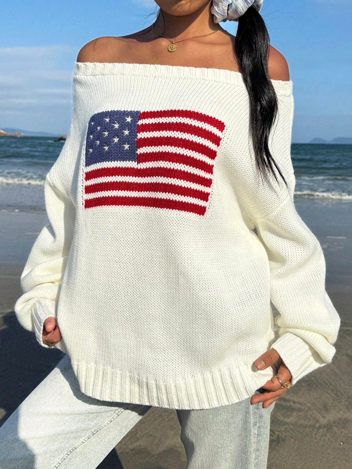 CovetEZ Women's Clothing Autumn And Winter One Shoulder Off-Shoulder Casual Streetwear Simple White Sweater American Independence Day Flag Pattern Knitted