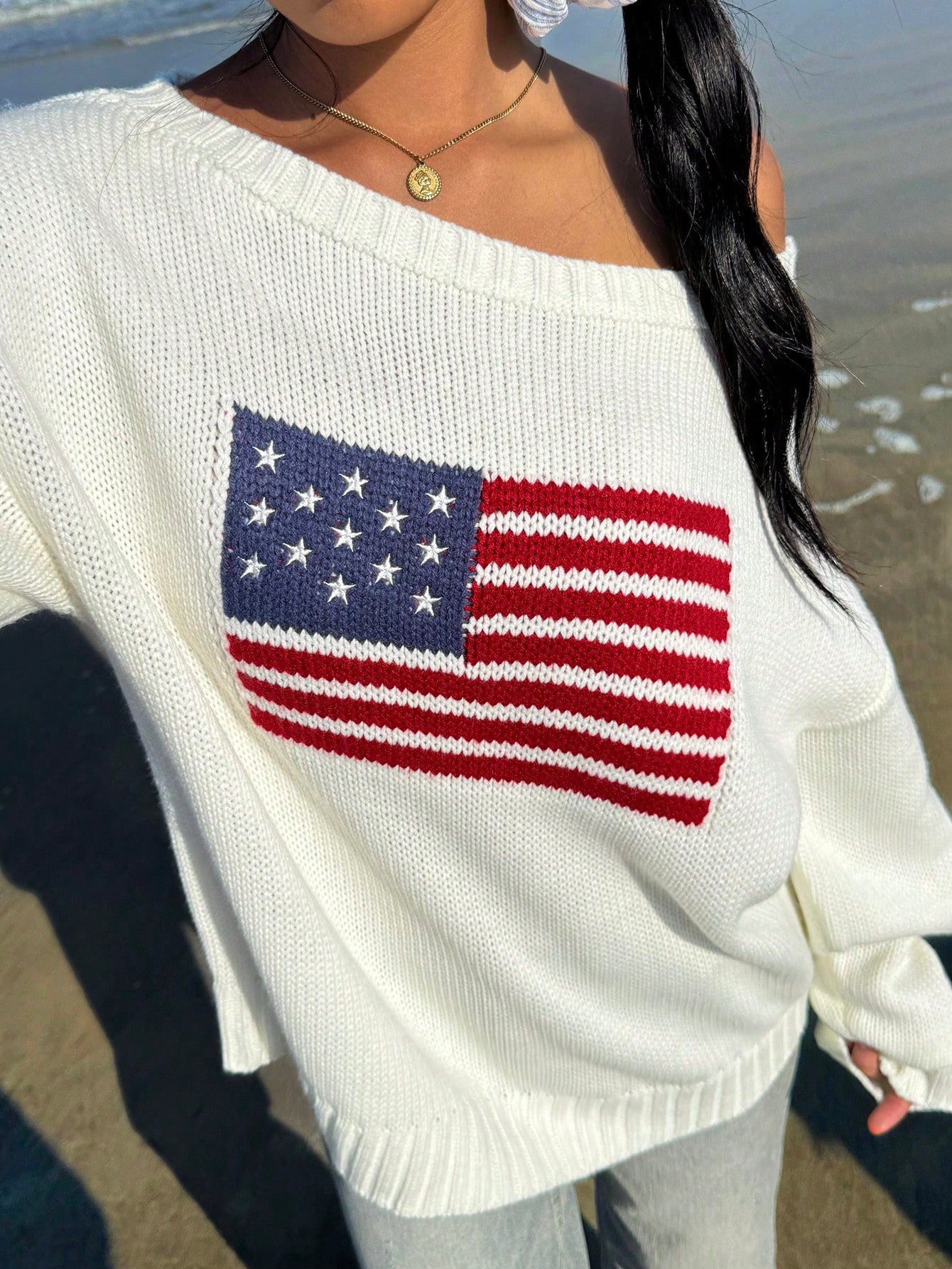 CovetEZ Women's Clothing Autumn And Winter One Shoulder Off-Shoulder Casual Streetwear Simple White Sweater American Independence Day Flag Pattern Knitted