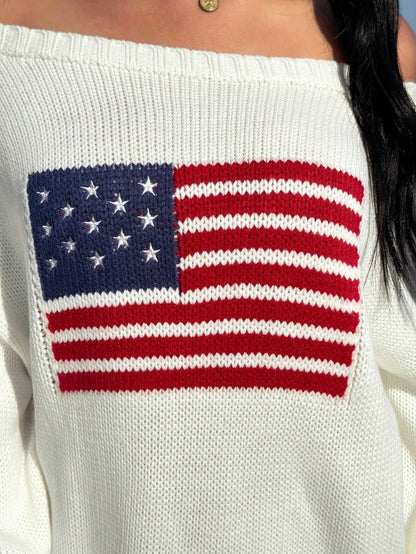 CovetEZ Women's Clothing Autumn And Winter One Shoulder Off-Shoulder Casual Streetwear Simple White Sweater American Independence Day Flag Pattern Knitted