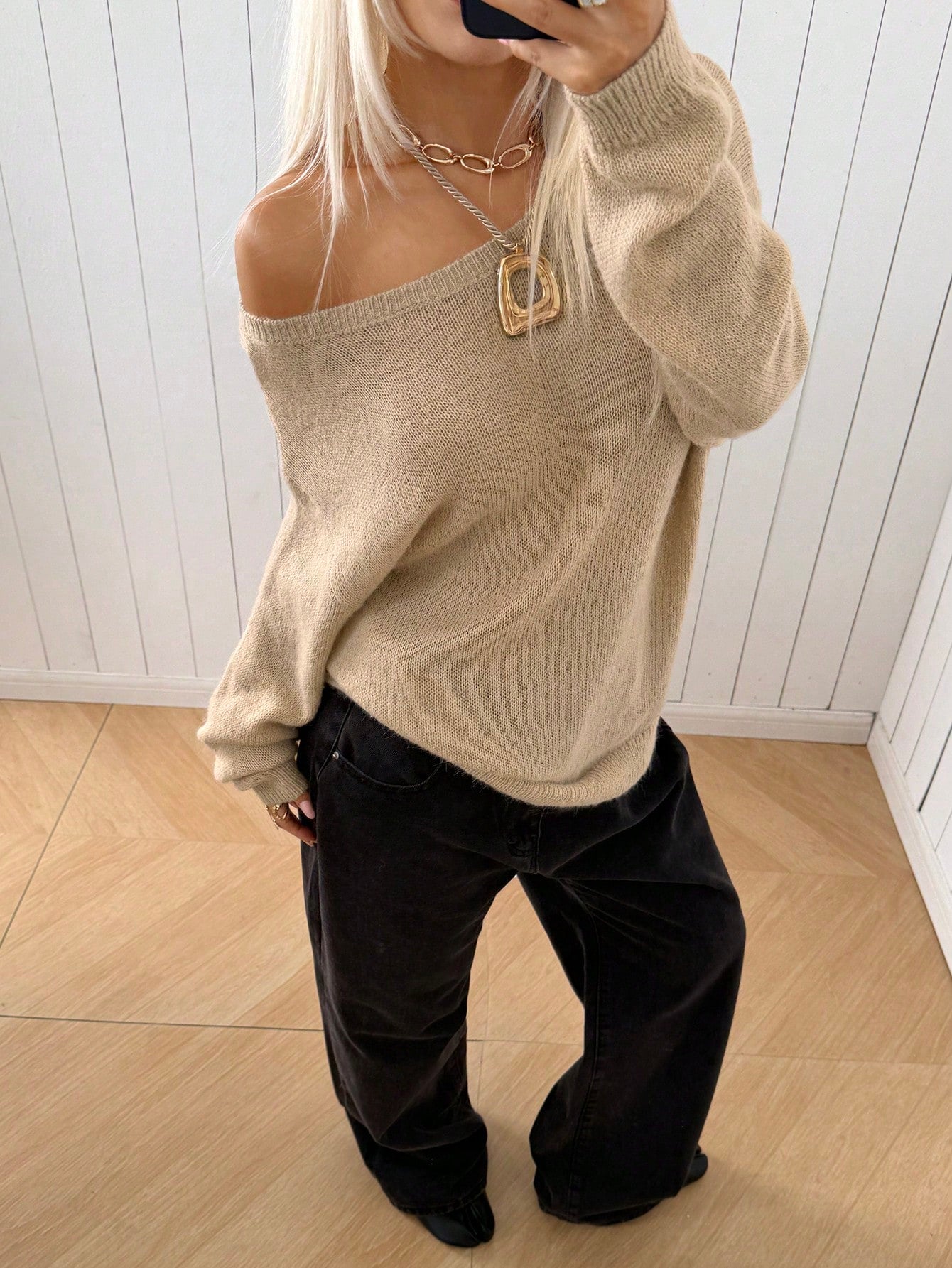 CovetEZ Women's Clothing Autumn And Winter One Shoulder Off-Shoulder Casual Streetwear Simple White Sweater American Independence Day Flag Pattern Knitted