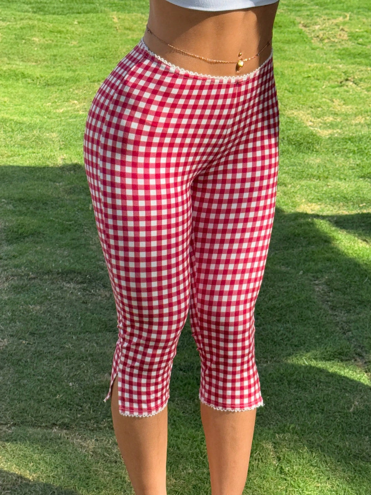 CovetEZ Women's Red And White Plaid Plaid Knit Elastic Leggings Vacation Summer Cute