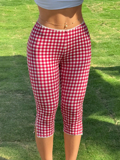 CovetEZ Women's Red And White Plaid Plaid Knit Elastic Leggings Vacation Summer Cute