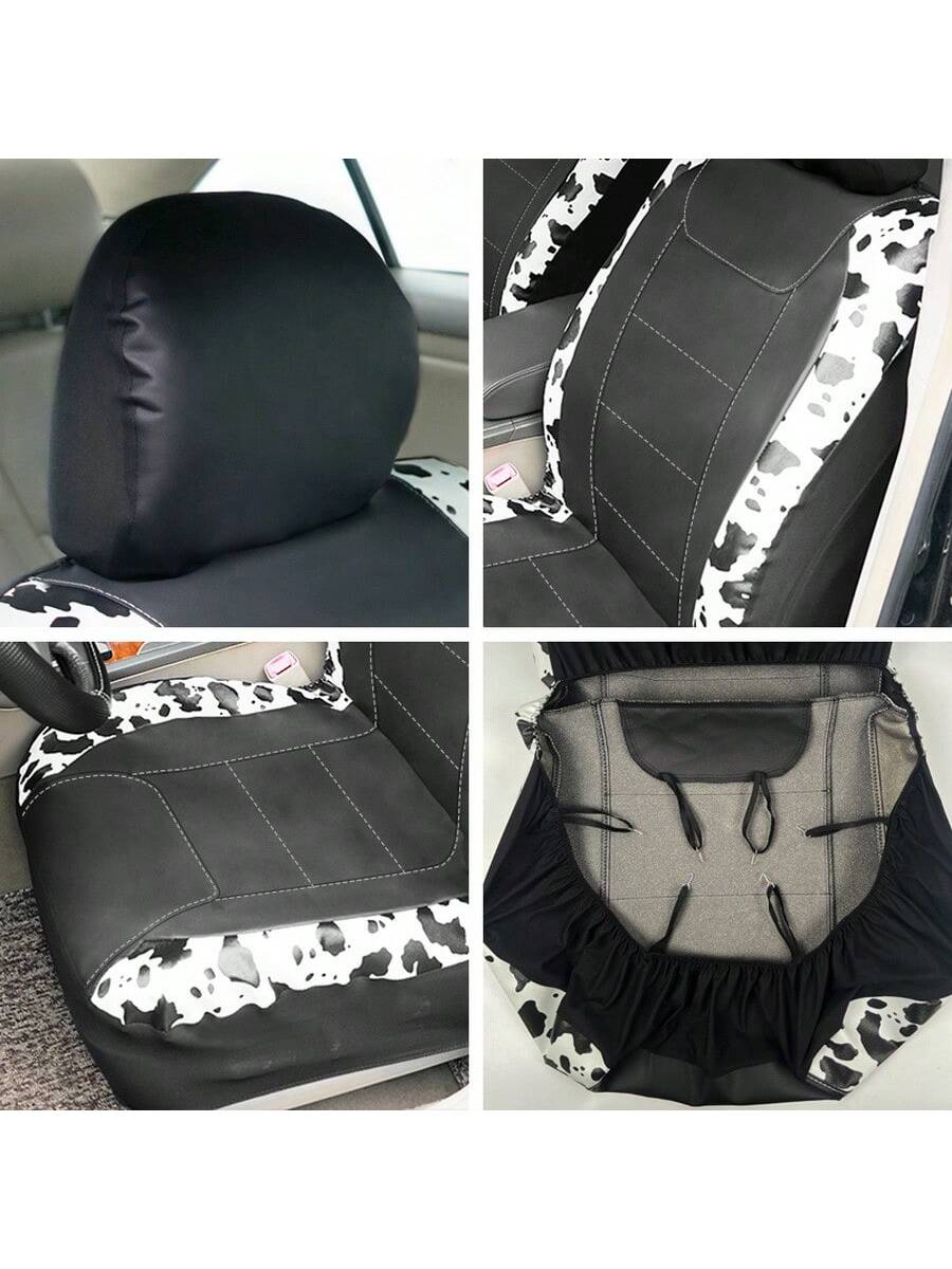 Cow Pattern Car Seat Cover Front Pairs Cover PVC Seat Cushion Airbag Compatible Universal Fit Auto Accessories,Car Seat Cover Full Set