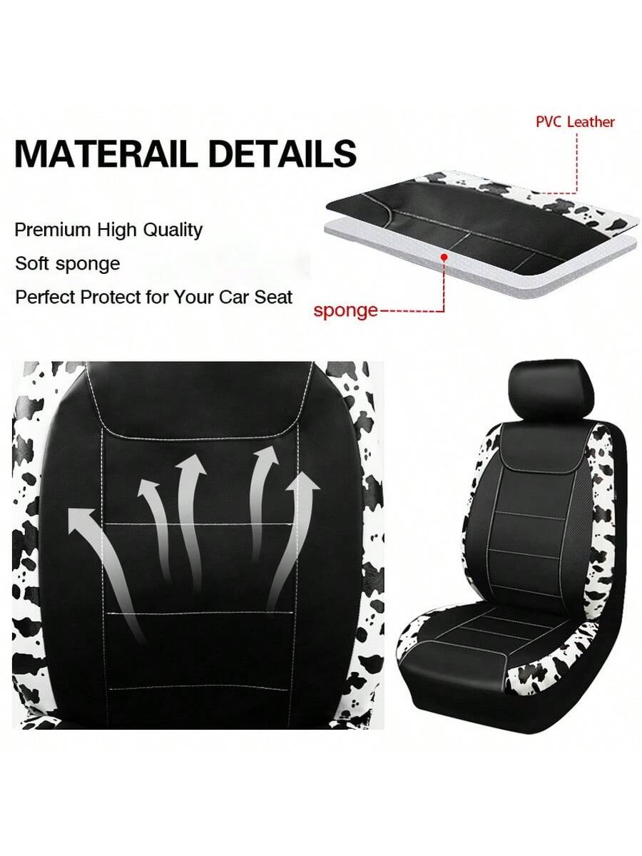 Cow Pattern Car Seat Cover Front Pairs Cover PVC Seat Cushion Airbag Compatible Universal Fit Auto Accessories,Car Seat Cover Full Set