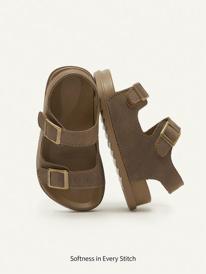 Cozy Pixies 1 Pair Brown Cute Toddler Hook And Loop Casual Fashion Versatile Boys Kids Soft Bottom Flat Sandals, Summer