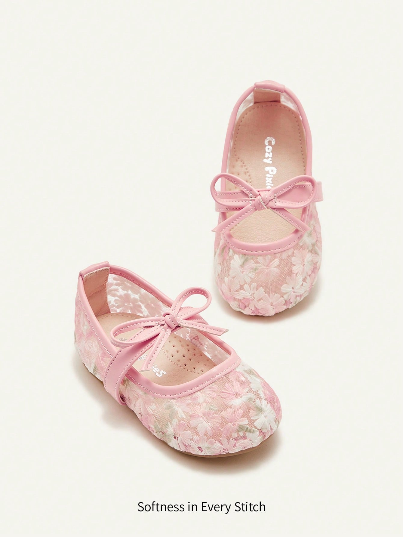Cozy Pixies 1 Pair Spring/Summer Lace Cute Floral Mesh Bow Decor Flat Princess Shoes For Girls, Suitable For Wedding, Party, Gathering