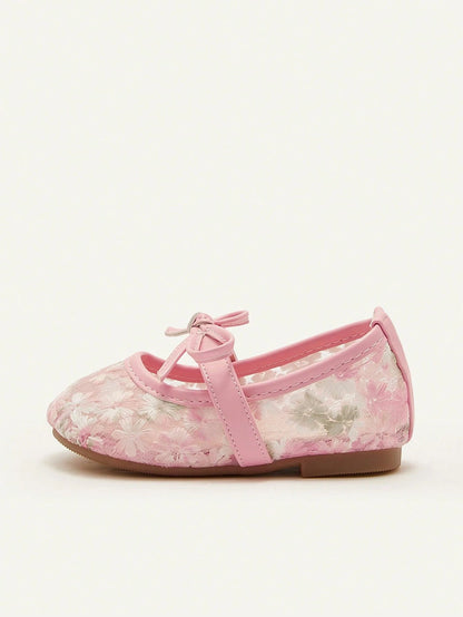 Cozy Pixies 1 Pair Spring/Summer Lace Cute Floral Mesh Bow Decor Flat Princess Shoes For Girls, Suitable For Wedding, Party, Gathering