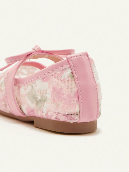 Cozy Pixies 1 Pair Spring/Summer Lace Cute Floral Mesh Bow Decor Flat Princess Shoes For Girls, Suitable For Wedding, Party, Gathering