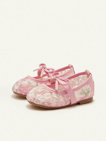 Cozy Pixies 1 Pair Spring/Summer Lace Cute Floral Mesh Bow Decor Flat Princess Shoes For Girls, Suitable For Wedding, Party, Gathering