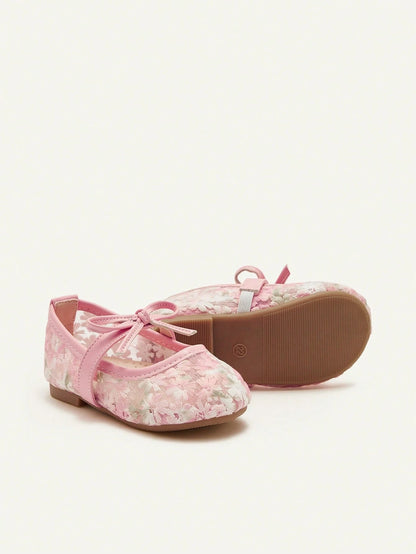 Cozy Pixies 1 Pair Spring/Summer Lace Cute Floral Mesh Bow Decor Flat Princess Shoes For Girls, Suitable For Wedding, Party, Gathering