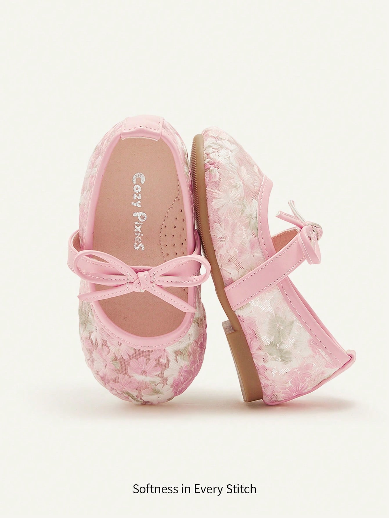 Cozy Pixies 1 Pair Spring/Summer Lace Cute Floral Mesh Bow Decor Flat Princess Shoes For Girls, Suitable For Wedding, Party, Gathering